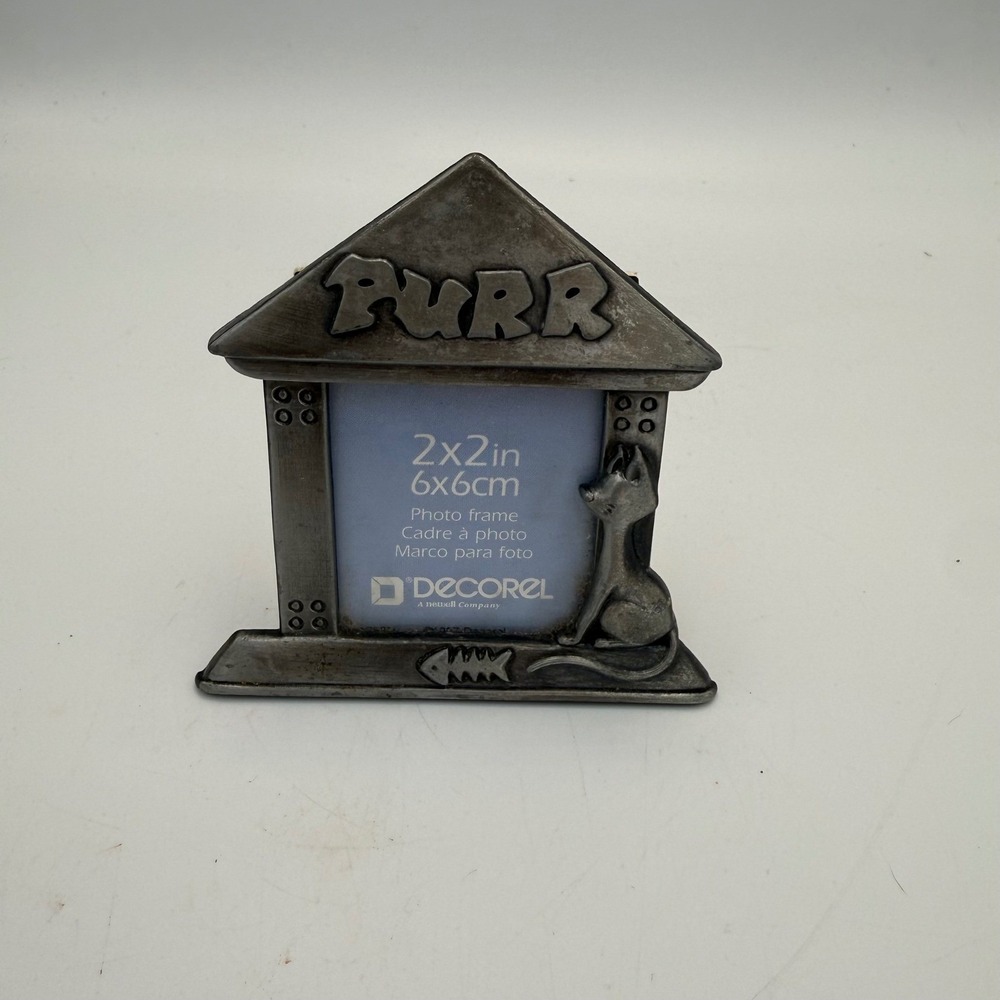 Decorel Cat Purr Pewter Metal Mini Picture Frame 2x2 House Shape Vintage Style